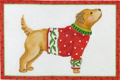 Kate Dickerson Needlepoint Collections Sally Eckman Roberts - Yellow Dog In Sweater - Yellow Ochres, Greens & Reds Needlepoint Canvas