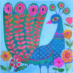 Kate Dickerson Needlepoint Collections Shannon Snow Peacock with Floral Tail on Medium Blue Needlepoint Canvas