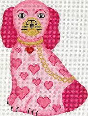 Kate Dickerson Needlepoint Collections Mini Staffordshire Dog Pink with Pink Hearts Sparkly Red Heart Tag and Gold Chain Needlepoint Canvas