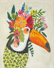 Kate Dickerson Needlepoint Collections Mia Charro Toucan In Floral Top on Softest Taupe Needlepoint Canvas
