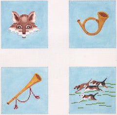 Kate Dickerson Needlepoint Collections Set of 4 Coasters - Hunt Themes - on Sky Blue with Brown Border Needlepoint Canvas