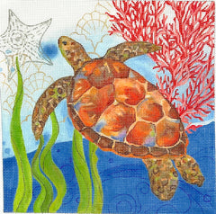 Kate Dickerson Needlepoint Collections Sally Eckman Roberts - Oceana Sea Turtle with Coral, Seaweed, Shells & Starfish Needlepoint Canvas