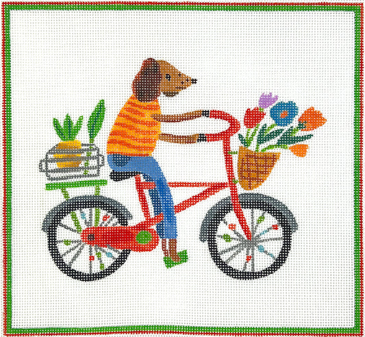 Kate Dickerson Needlepoint Collections Carolyn Gavin Dog on Bicycle with Flowers & Pineapple Needlepoint Canvas