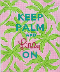 Kate Dickerson Needlepoint Collections "Keep Palm & Lilly On" - Palm Trees - Turquoise, Hot Pink & Limes on Light Pink Needlepoint Canvas