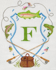 Kate Dickerson Needlepoint Collections Monogram Crest - Bamboo Fly Fishing Rods, Flies, Rainbow Trout & Wicker Creel Needlepoint Canvas