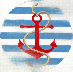 Kate Dickerson Needlepoint Collections Insert - Red Anchor with Rope on Blue Stripes Needlepoint Canvas - 4 Round