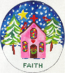 Kate Dickerson Needlepoint Collections Julia Eves Faith Pink Church with Red Bird, Trees & Star Needlepoint Canvas