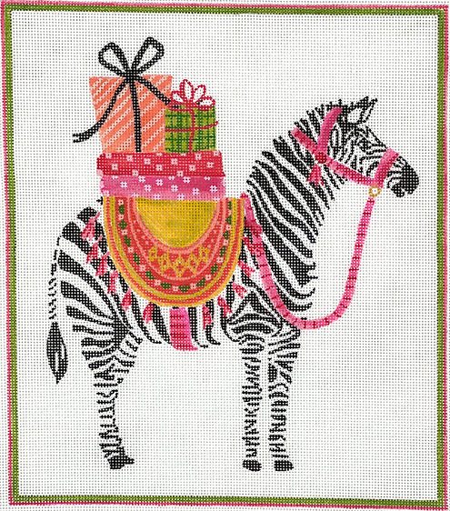 Kate Dickerson Needlepoint Collections Lindsay Brackeen Party Animal Zebra with Gifts & Pink Harness Needlepoint Canvas