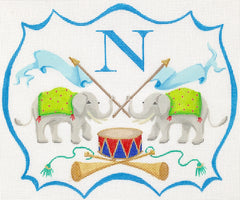 Kate Dickerson Needlepoint Collections Monogram Crest - Elephants with Flags, Drum, Trumpets Needlepoint Canvas