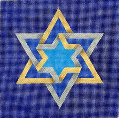 Kate Dickerson Needlepoint Collections Tefillin Bag Double Interlocking Star of David Golds & Silvers on Deep Blue Needlepoint Canvas