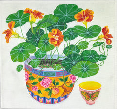 Kate Dickerson Needlepoint Collections Gabby Malpas Nasturtiums In Peranakan Bowl with Teacup Needlepoint Canvas