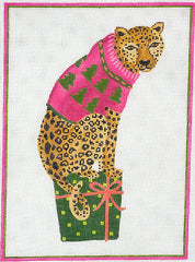 Kate Dickerson Needlepoint Collections Lindsay Brackeen - Party Animal Cheetah with Gift And Pink Sweater Needlepoint Canvas