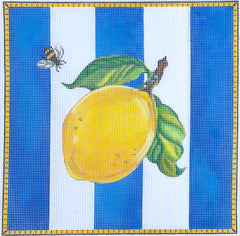 Kate Dickerson Needlepoint Collections Sally Eckman Roberts - Sally Eckman Roberts - Lemon & Bee on Blue Stripes Needlepoint Canvas