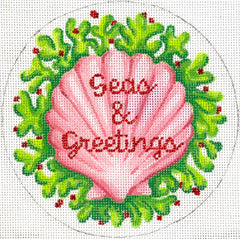 Kate Dickerson Needlepoint Collections "Seas & Greetings" Pink Scallop on Green Seaweed with Red Berries Needlepoint Canvas