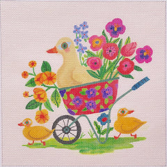 Kate Dickerson Needlepoint Collections Shannon Snow Spring Wheelbarrow with Ducks & Flowers on Cream Needlepoint Canvas