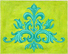 Kate Dickerson Needlepoint Collections Leafy Damask Pattern Turquoise on Bright Lime with Fuchsia Dots Needlepoint Canvas
