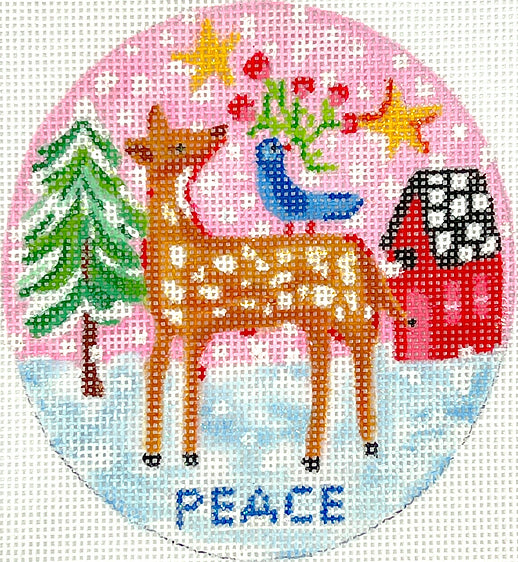 Kate Dickerson Needlepoint Collections Julia Eves Peace Deer Bird & Red House Needlepoint Canvas