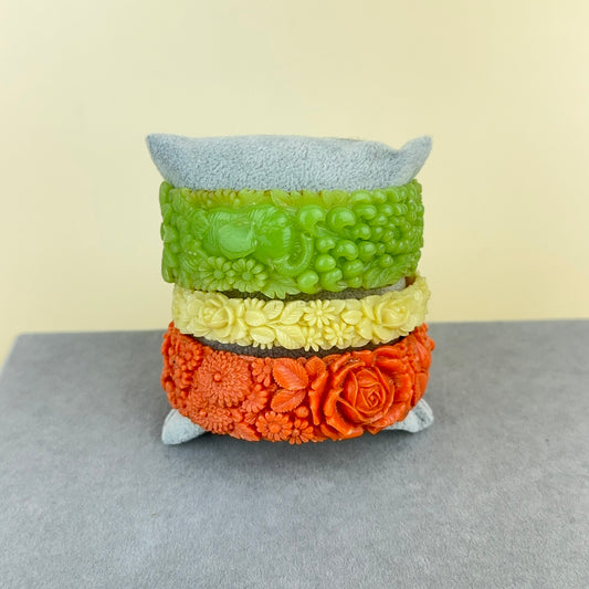 Vintage Floral and Elephant Celluloid Bangles Coral, Ivory and Green - Set of 3