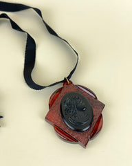 Vintage Celluloid Cameo on Amber Lucite Large Pendant Necklace