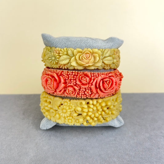 Vintage Floral Celluloid Bangles Ivory and Coral - Set of 3