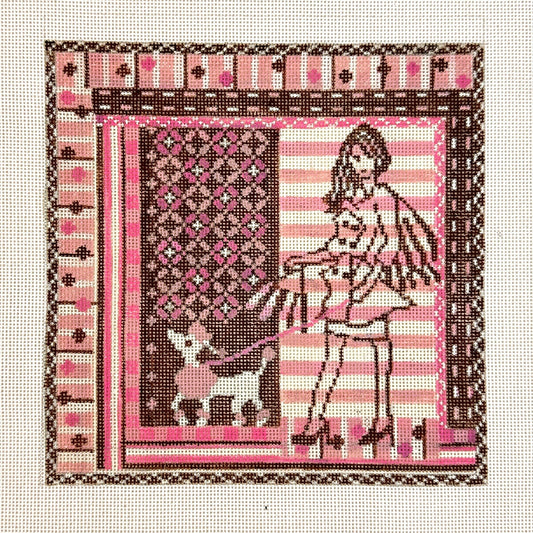 Shopper with Poodle Pink Striped Needlepoint Canvas