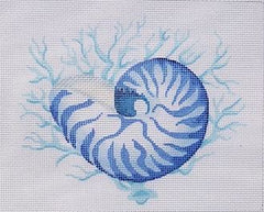 Kate Dickerson Needlepoint Collections Nautilus Shell with Coral All In Shades Of Blue Needlepoint Canvas