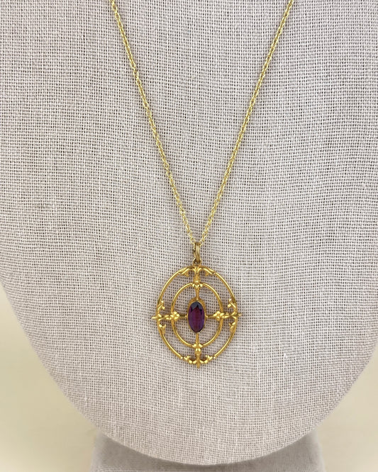 Antique Gold Filled Amethyst Target Pendant Necklace