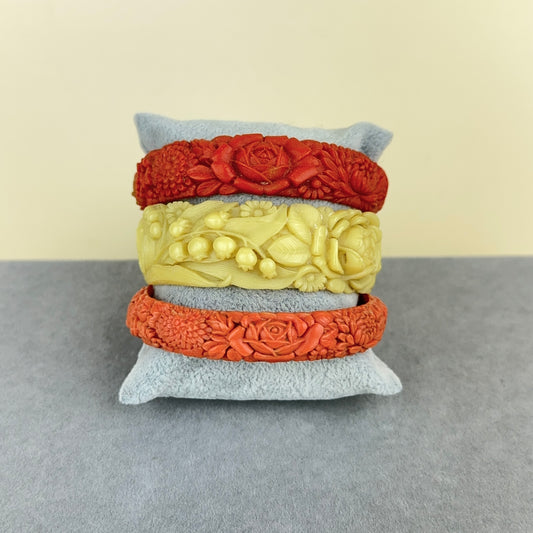 Vintage Floral and Elephant Celluloid Bangles Coral and Ivory - Set of 3