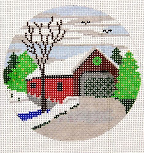 Silver Needle Covered Bridge Round Needlepoint Canvas
