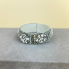 Vintage Celluloid Floral Hinged Clamper Bracelet - White with Black Wash