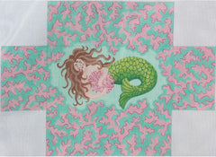 Kate Dickerson Needlepoint Collections Mermaid with Pink Coral On Turquoise Needlepoint Canvas