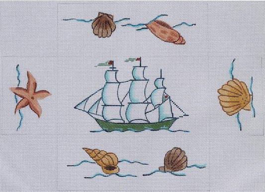 Kate Dickerson Needlepoint Collections Clipper Ship with Shells Brick Needlepoint Canvas