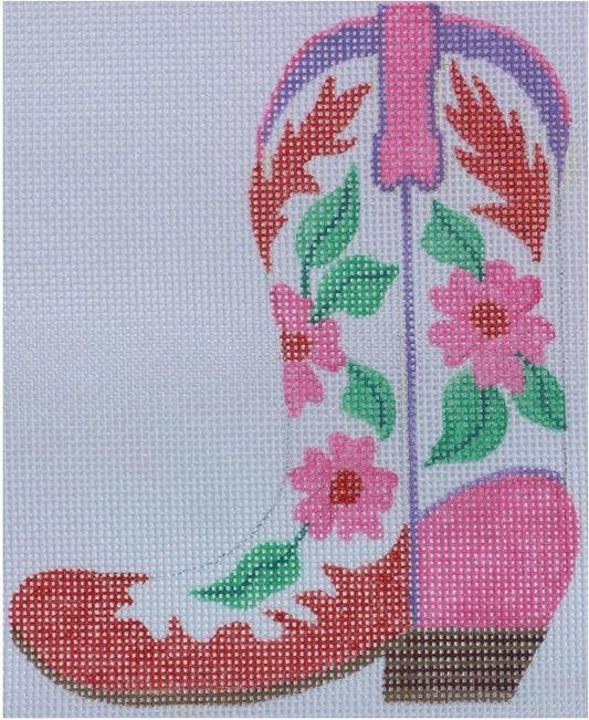 Kate Dickerson Needlepoint Collections Cowgirl Boot Pink Red Floral Needlepoint Canvas Left