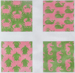 Kate Dickerson Needlepoint Collections Set of 4 Coasters - Preppy Sea Life - Pink & Green Needlepoint Canvas