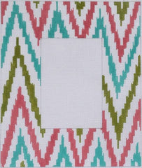 Kate Dickerson Needlepoint Collections Large Ikat Zigzag Frame - Cyan, Pink, Green Needlepoint Canvas