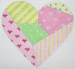 Kate Dickerson Needlepoint Collections Patchwork Pinks & Greens Mini Heart Needlepoint Canvas