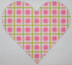 Kate Dickerson Needlepoint Collections Plaid Pinks & Greens Mini Heart Needlepoint Canvas
