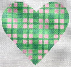 Kate Dickerson Needlepoint Collections Plaid Mini Heart - Greens on Pink Needlepoint Canvas