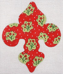 Kate Dickerson Needlepoint Collections Mini Fleur-De-Lys - Provençal Floral Posies - Soft Green on Red (September) Needlepoint Canvas