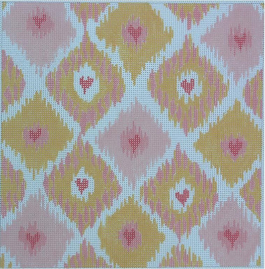 Kate Dickerson Needlepoint Collections Ikat Diamonds with Hearts - Pinks & Oranges Needlepoint Canvas