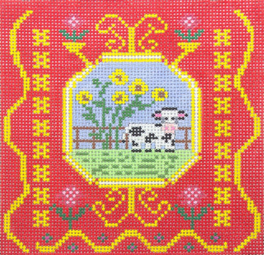 Birds of a Feather French Tile Cow Needlepoint Canvas