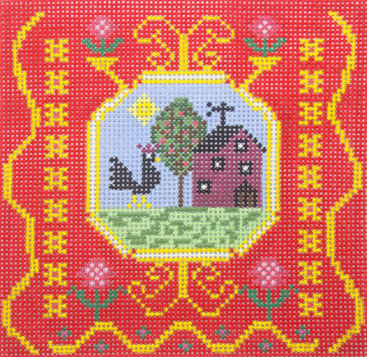 Birds of a Feather French Tile Rooster Needlepoint Canvas
