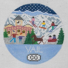 Doolittle Stitchery Vail Travel Round Ornament Needlepoint Canvas