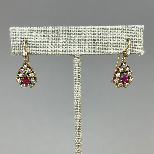 Antique Civil War Era Diamond and Ruby Pear Drop Earring in 14k Gold
