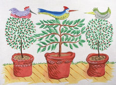 Kate Dickerson Needlepoint Collections Three Birds In Topiaries Needlepoint Canvas
