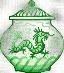 Kate Dickerson Needlepoint Collections Mini Chinese Vase Medium Green and White with Dragon and Waves Needlepoint Canvas