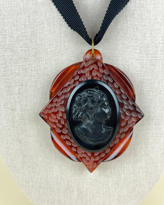 Vintage Celluloid Cameo on Amber Lucite Large Pendant Necklace