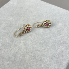 Antique Civil War Era Diamond and Ruby Pear Drop Earring in 14k Gold