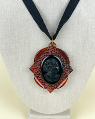 Vintage Celluloid Cameo on Amber Lucite Large Pendant Necklace