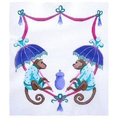 Kate Dickerson Needlepoint Collections Monogram Crest - Monkeys with Parasols - Pinks, Purples & Turquoise Needlepoint Canvas